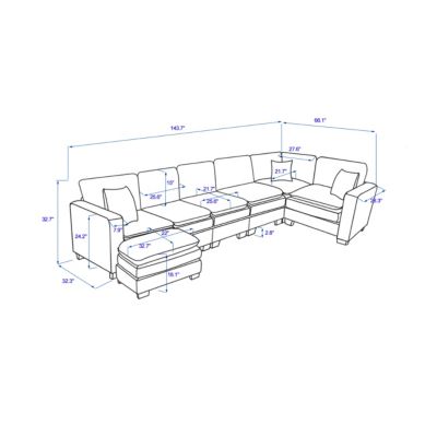 Modern U-Shaped 6-Seat Sectional Sofa with Ottoman and Pillows.