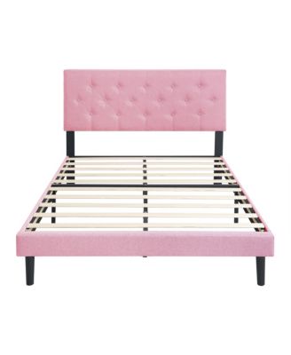 Modern Tufted Linen Platform Bed Frame with Slat Support, Pink