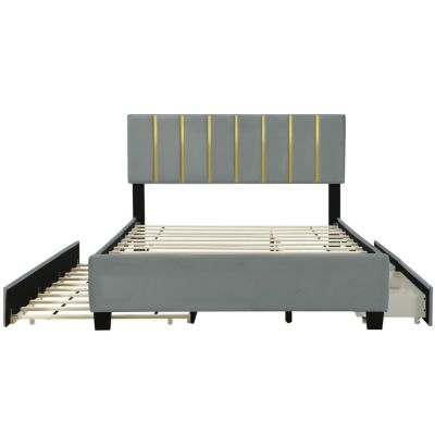 Luxury Velvet Upholstered Platform Bed with Trundle and Drawers