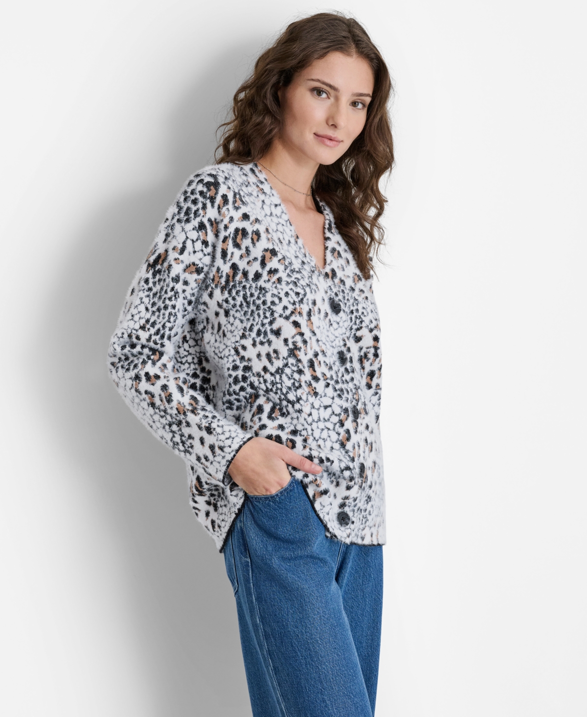 Dkny Women's Animal-Print Textured Long-Sleeve Cardigan