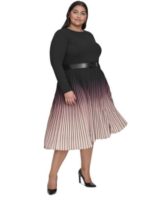 DKNY Plus Size Ombré Belted Pleated-Skirt Long-Sleeve Dress Macy's