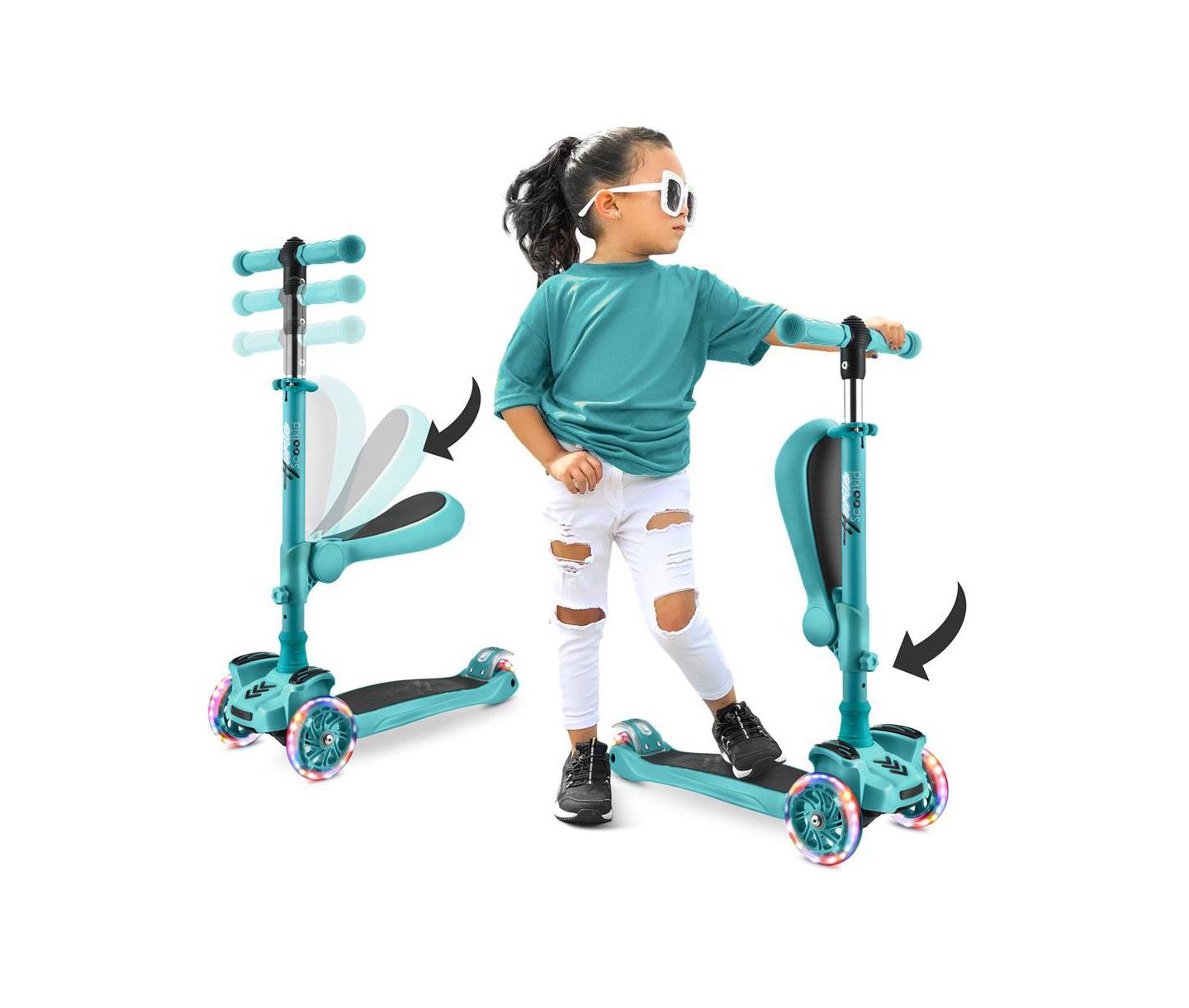 Детская игрушка Hurtle ScootKid 3-Wheel Scooter with Foldable Seat and Flashing Wheel Lights, Ages 1-12, цвет: Бирюзовый синий — фото 1