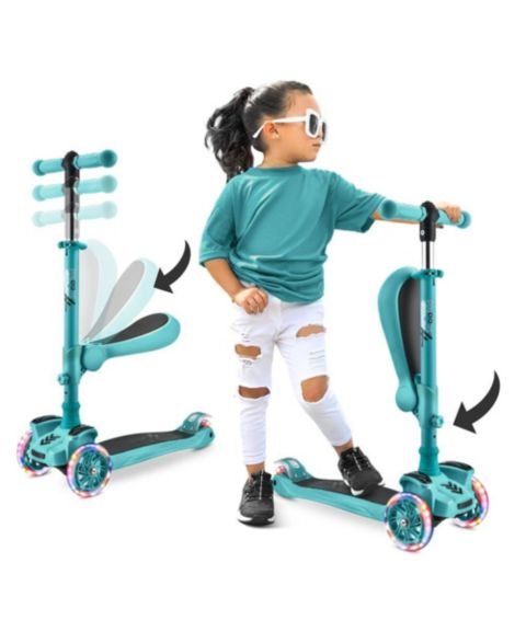 Детская игрушка Hurtle ScootKid 3-Wheel Scooter with Foldable Seat and Flashing Wheel Lights, Ages 1-12, цвет: Бирюзовый синий