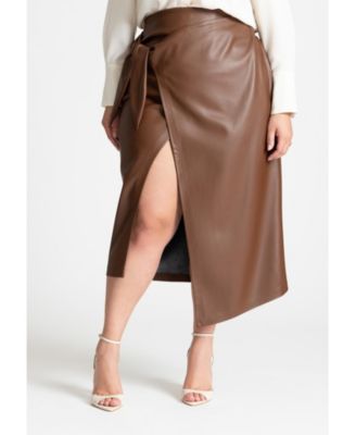 Women's Wrap Front Faux Leather Midi Skirt