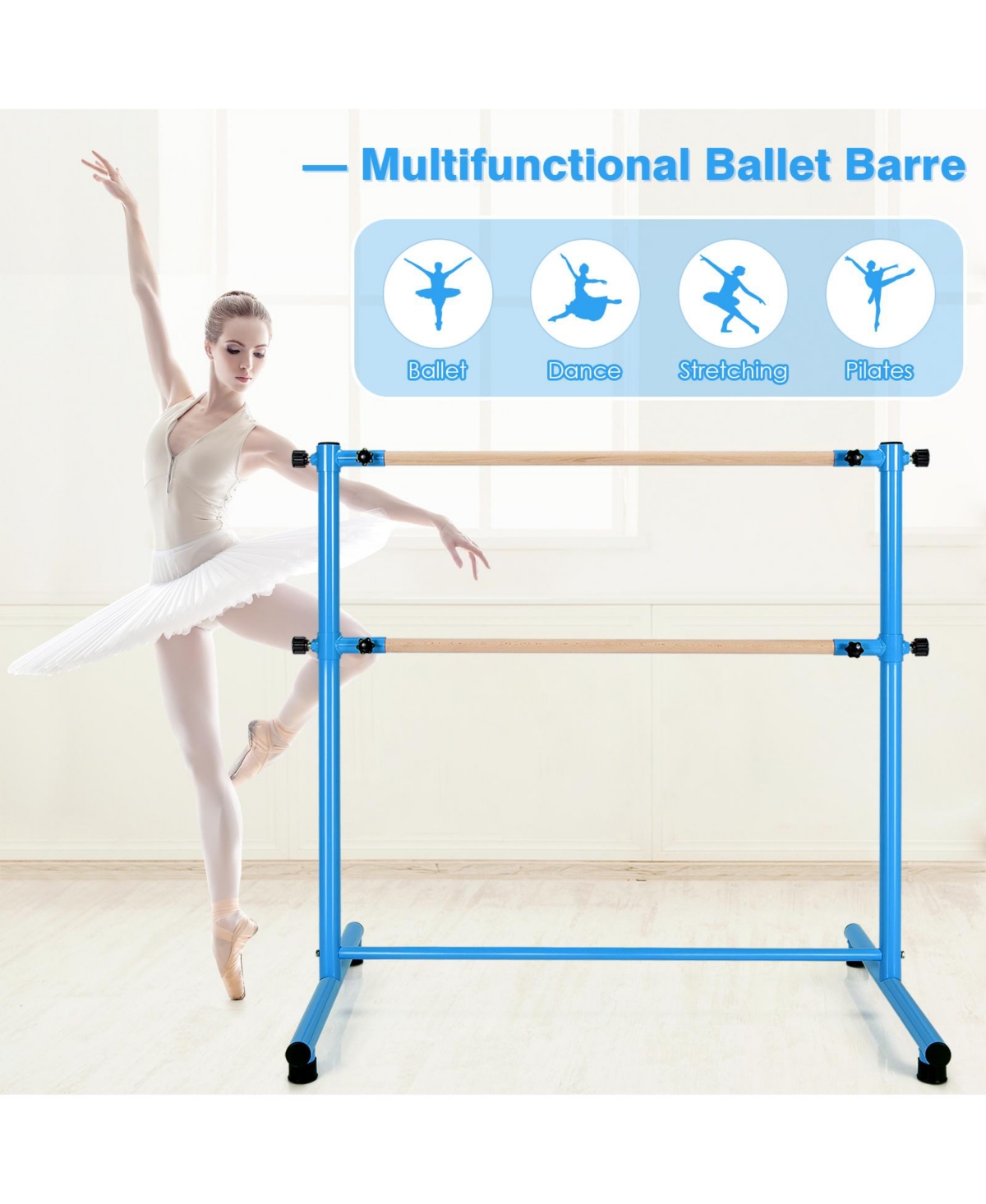Vebreda 47 Inch Double Ballet Barre with Anti-Slip Footpads-Blue