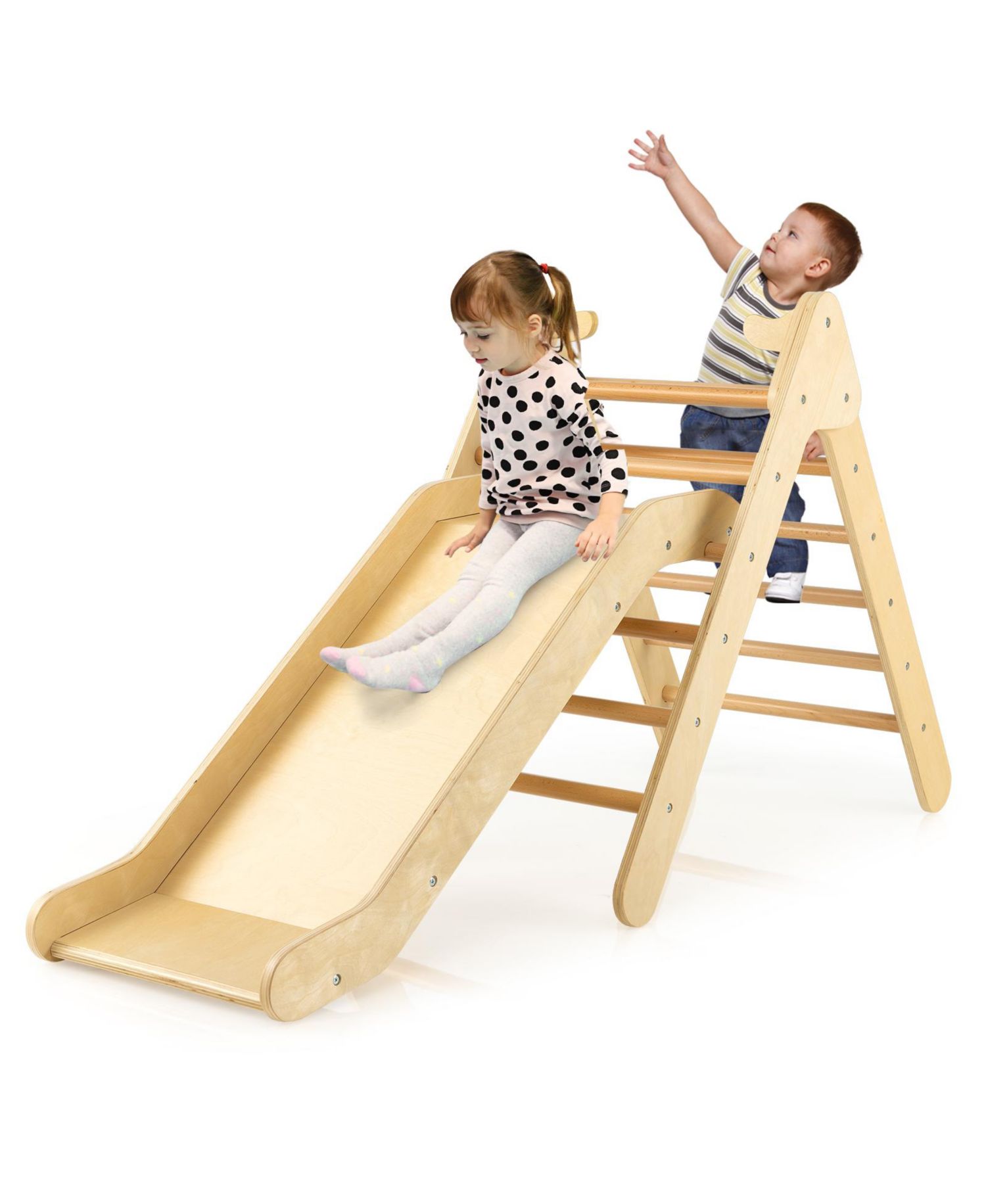 Ages 1+ 2-in-1 Wooden Triangle Climber with Adjustable Slide, 2-Piece Set