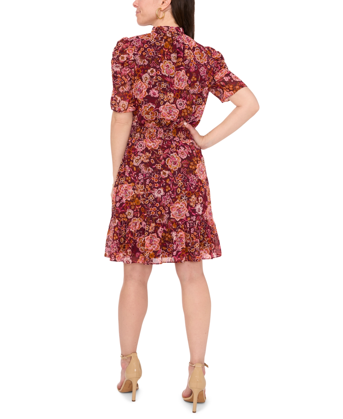 Msk Petite Floral-Print Puff-Sleeve Fit & Flare Dress