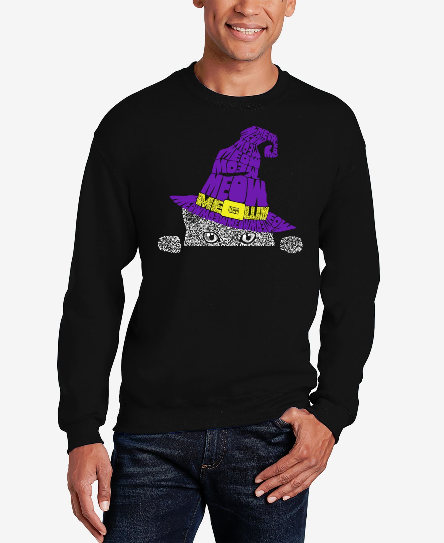 Men's Peeking Witch Cat Word Art Crewneck Sweatshirt