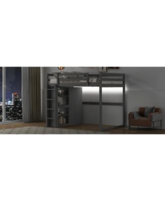 Gray Wooden Full Loft Bed with Wardrobe and LED Light