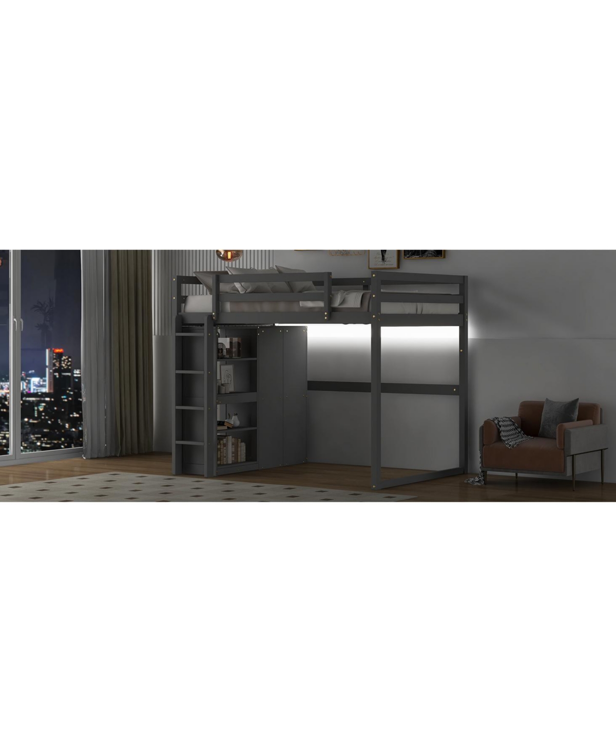 Streamdale Gray Wooden Full Loft Bed with Wardrobe and Led Light