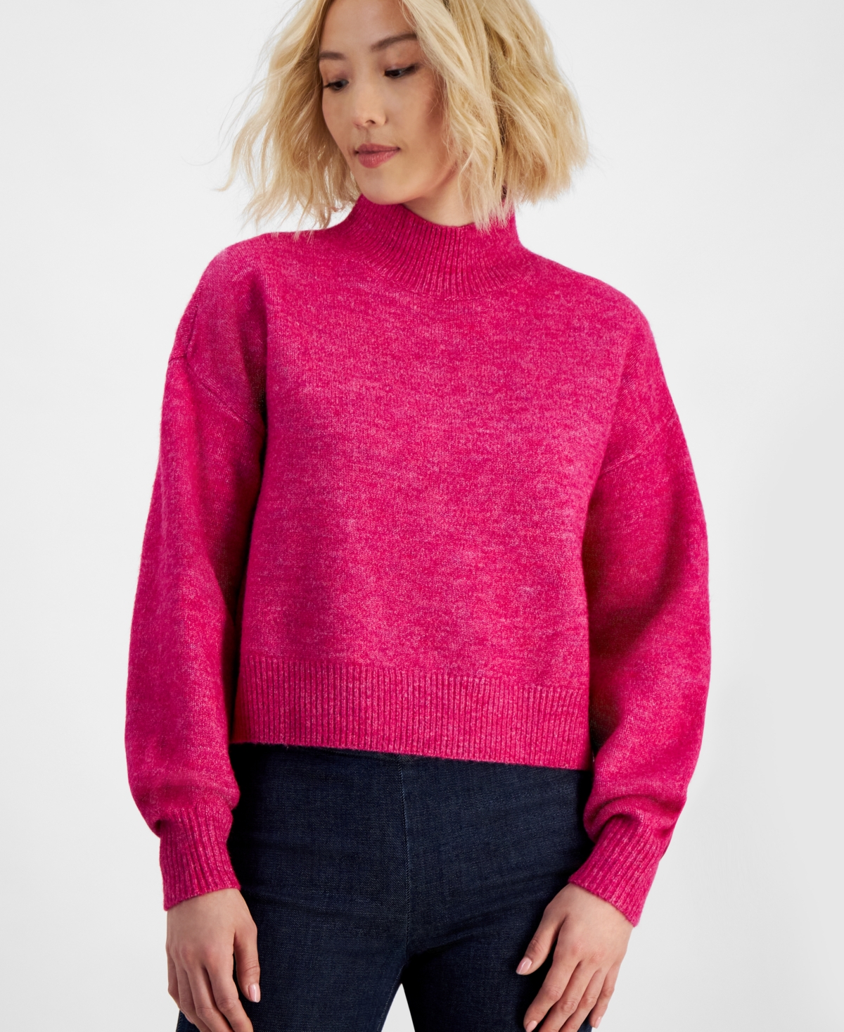 DKNY JEANS WOMEN'S PETITE MOCK NECK BOXY CROPPED SWEATER 