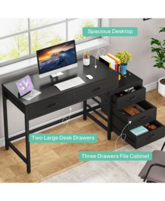 Computer Desk with 5 Drawers, Home Office Desks with Reversible Drawer Cabinet Printer Stand, Rustic Study Writing Table Workstation