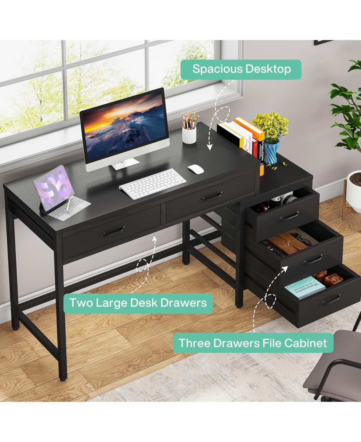 Tribesigns Computer Desk with 5 Drawers, Home Office Desks with Reversible Drawer Cabinet Printer Stand, Rustic Study Writing Table Workstation
