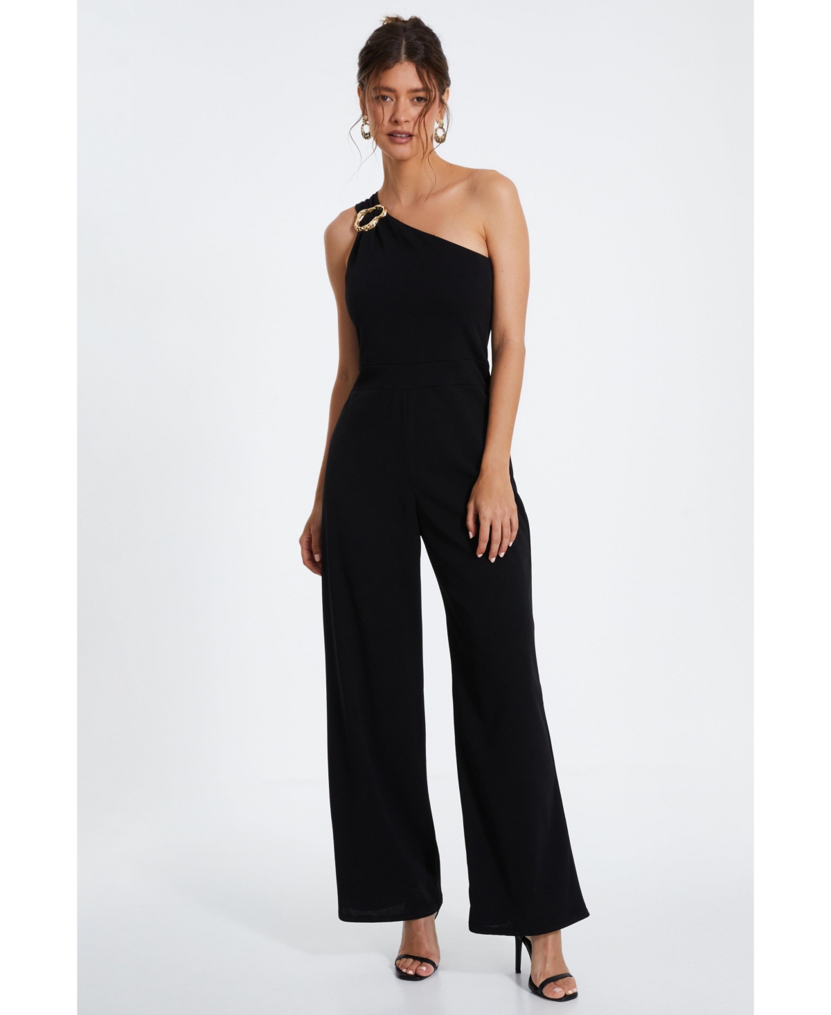 Women's One-Shoulder Scuba Crepe Jumpsuit With Gold Buckle - Black