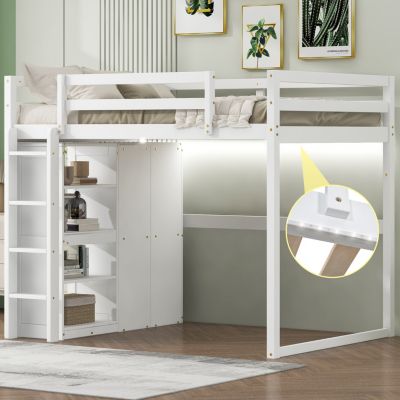 Streamdale Gray Wooden Full Loft Bed with Wardrobe and LED Light