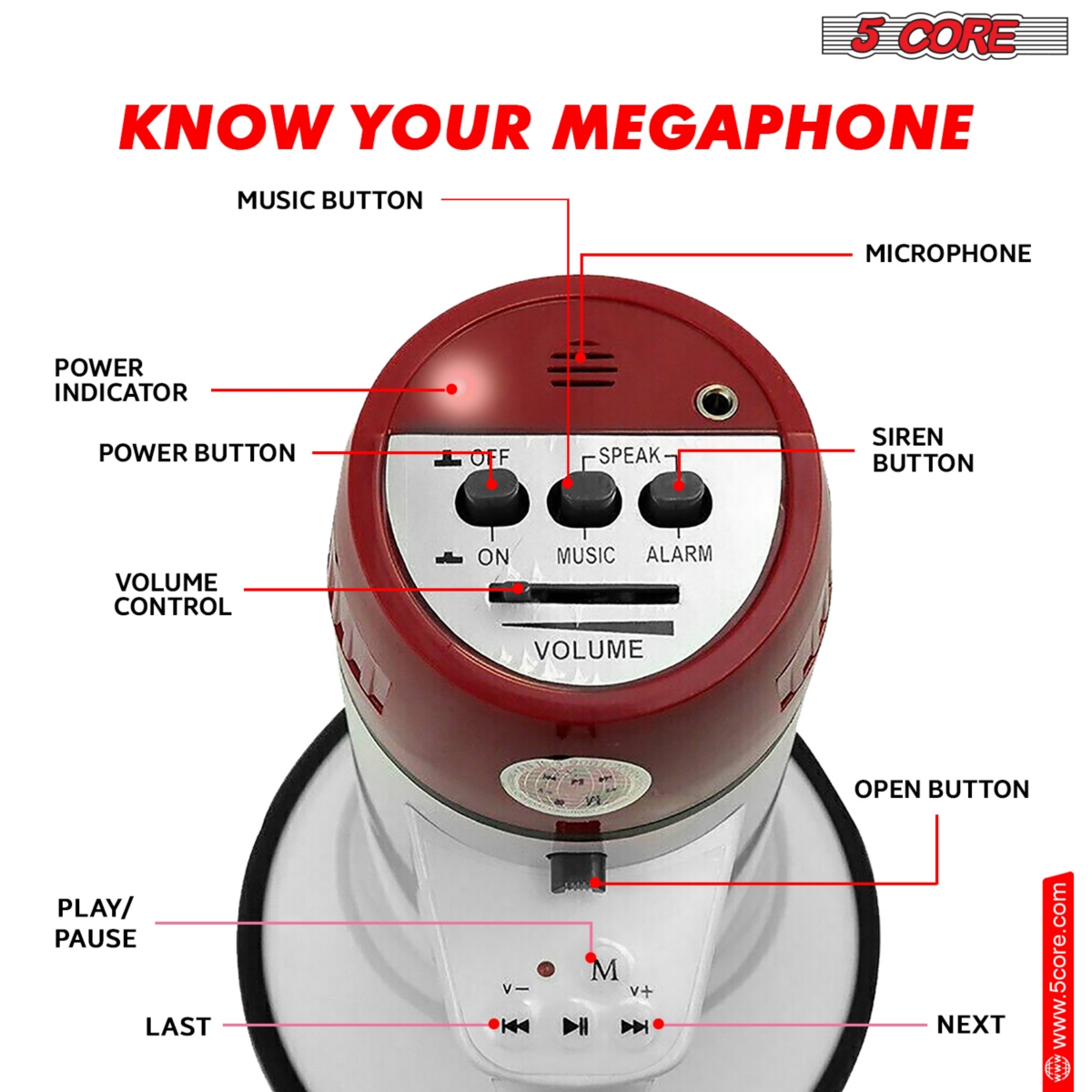 5 Core 40W Megaphone Bullhorn Cheer Bull Horn Speaker Rechargeable Range Siren Recording Bluetooth Usb Sd Card Aux Detachable Microphone for