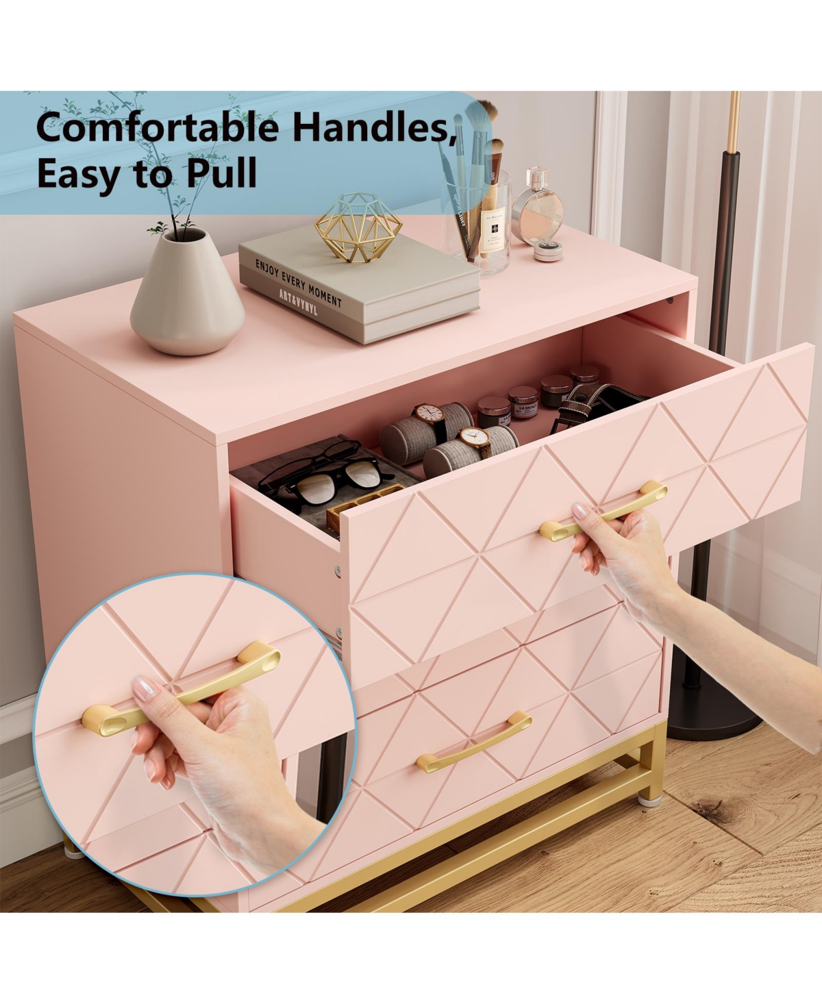 gaomon 3 Drawer Dresser, Wood Chest Drawers with Storage for Closet, Bedroom, Drawers Dresser Modern Bedside Nightstand with Gold Handles, Pink_15.8"D