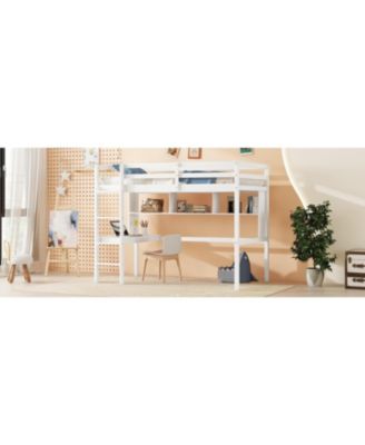 Twin Loft Bed with Desk, Bookcase, and Guardrails in White