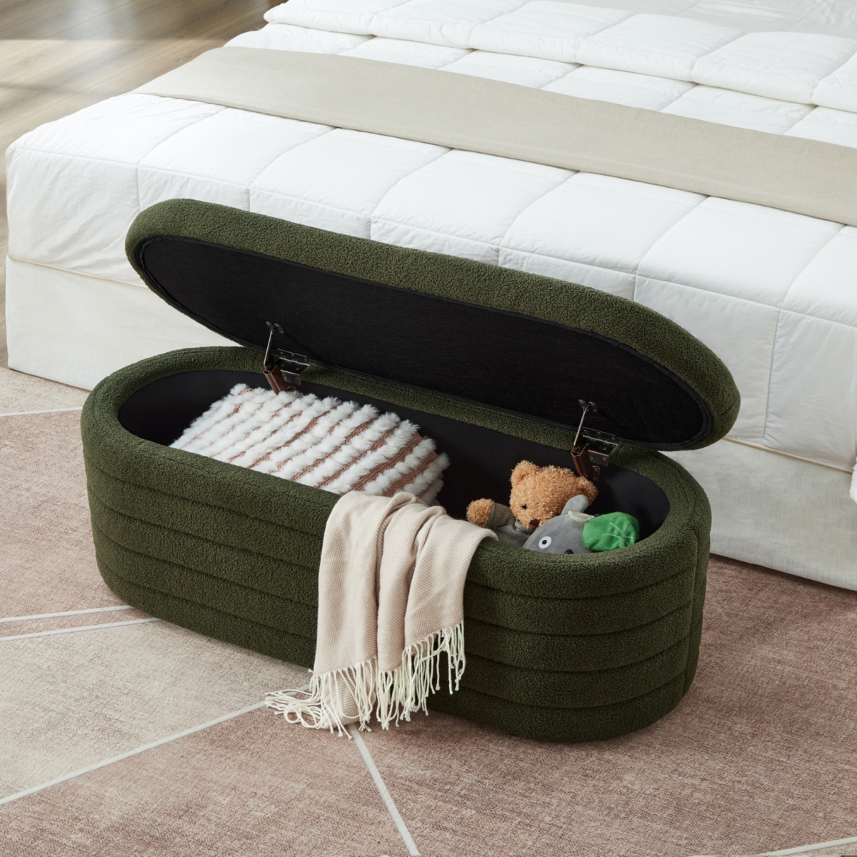 Boucle Fabric Ottoman Bench with Storage and Safety Hinge