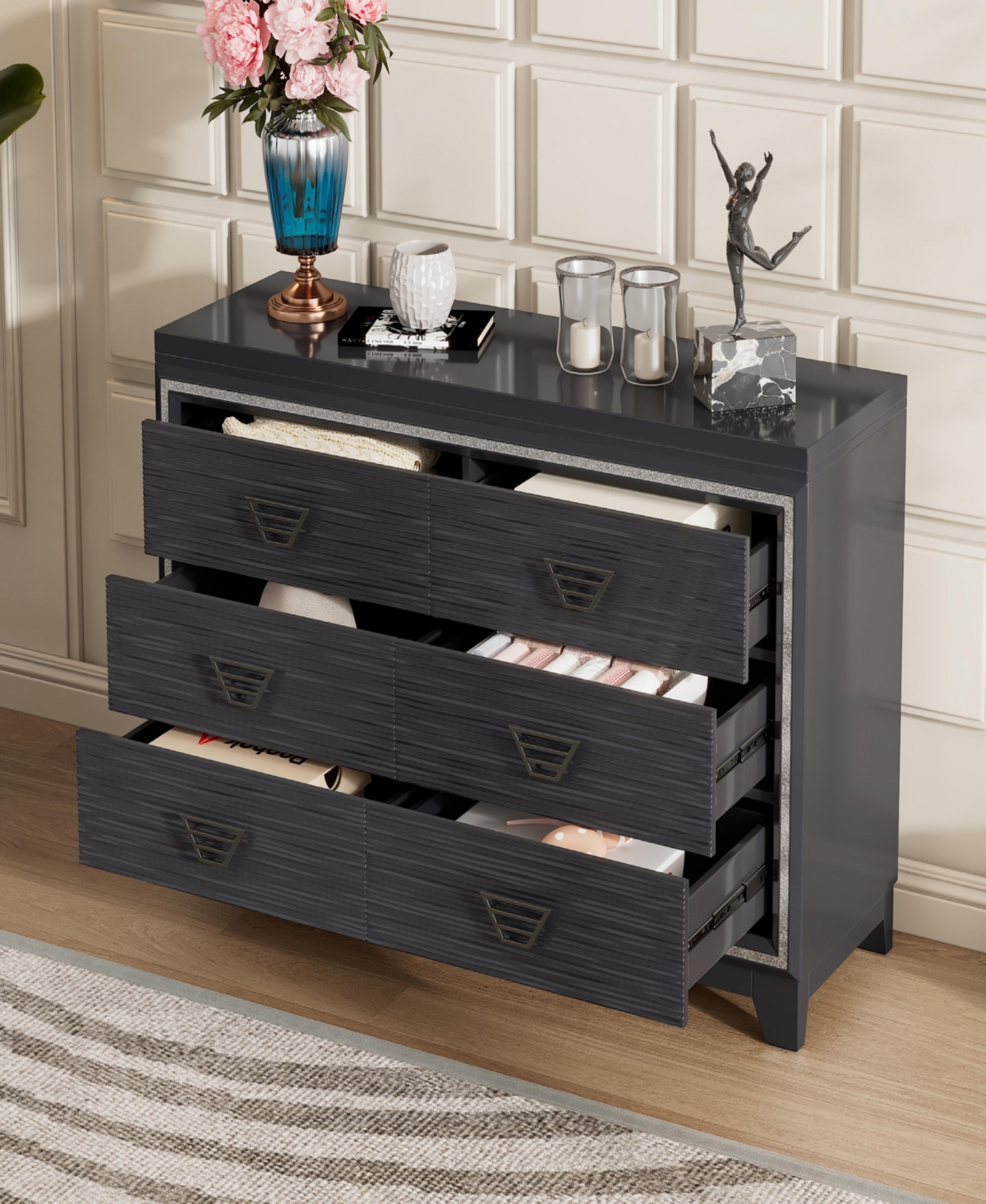 Streamdale Furniture Elegant 6-Drawer Dresser with Metal Handle and Decor
