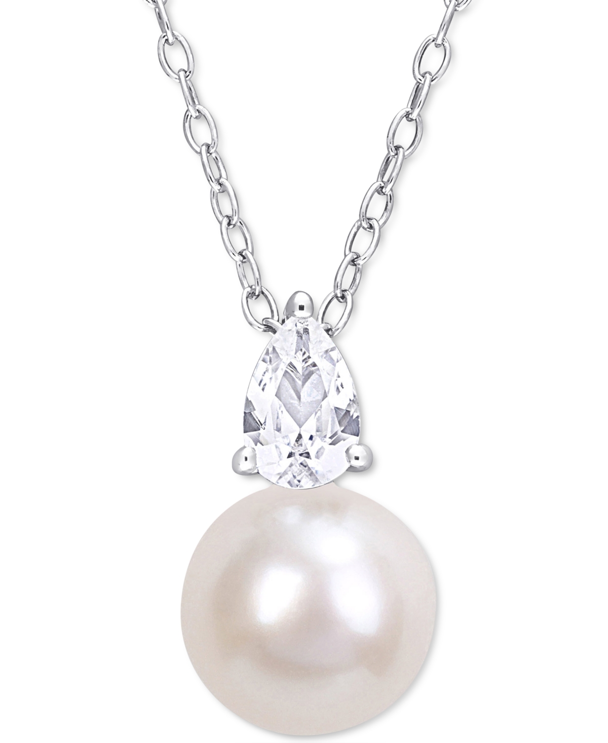 Shop Macy's Cultured Freshwater Pearl (8-1/2mm) Birthstone 18" Pendant Necklace In 18k Gold-plated Sterling Silv In April,white Sapphire
