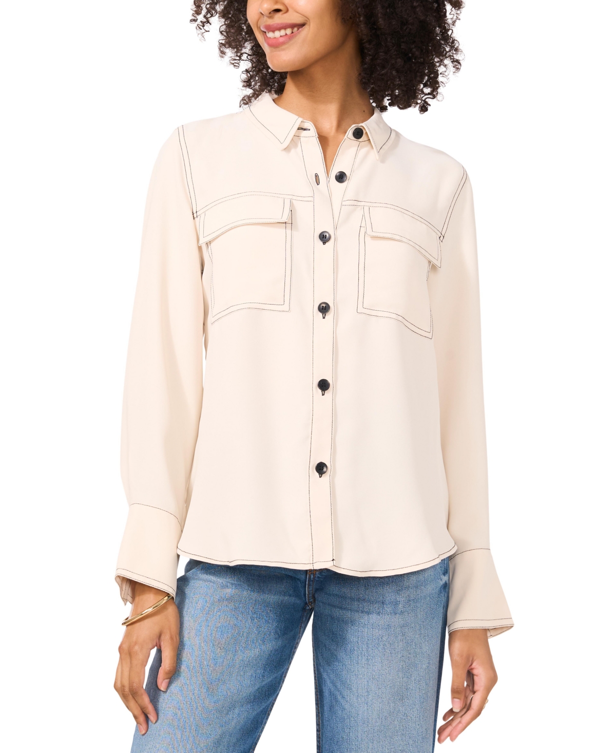 VINCE CAMUTO WOMEN'S CONTRAST STITCH BUTTON FRONT COLLARED BLOUSE 