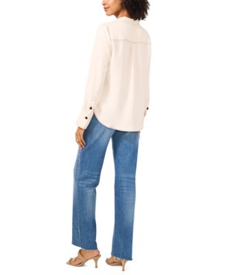 Women's Contrast Stitch Button Front Collared Top