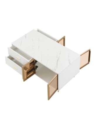 White Coffee Table with Storage, Gold Legs, LED Lighting (47.2")