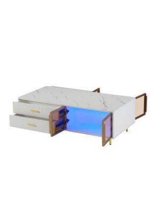 White Coffee Table with Storage, Gold Legs, LED Lighting (47.2")