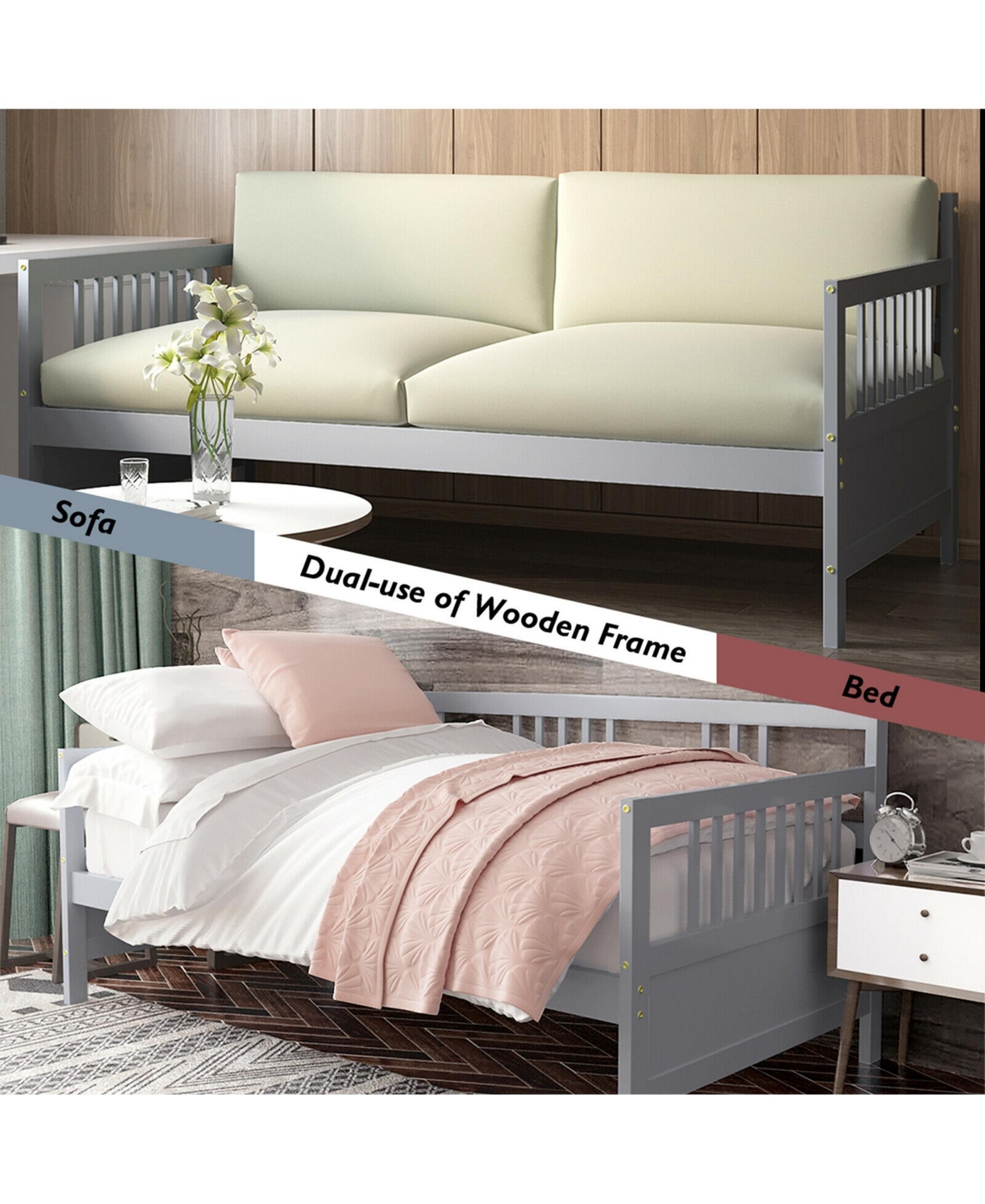 Gymax Twin Size Wooden Slats Daybed Frame Support Platform W/Rails Cherry