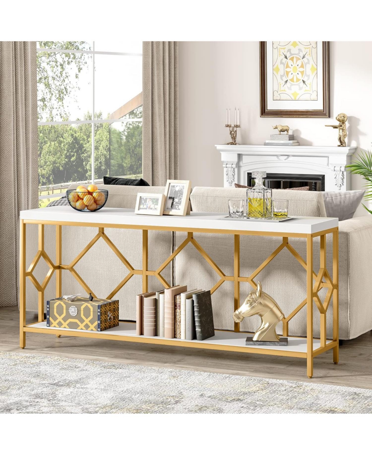Tribesigns Extra Long Sofa Table, Narrow Long Sofa Console Tables Behind Couch Table with Open Storage Shelf - White and gold