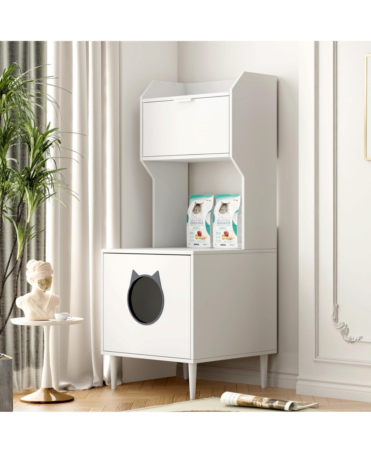 Streamdale Furniture White Wooden Cat Litter Enclosure with Shelves and Doors - White+vintage