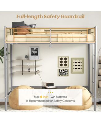 Twin Metal Loft Bed Frame w/ 2 Ladders Full-length Guardrail Space-Saving Silver