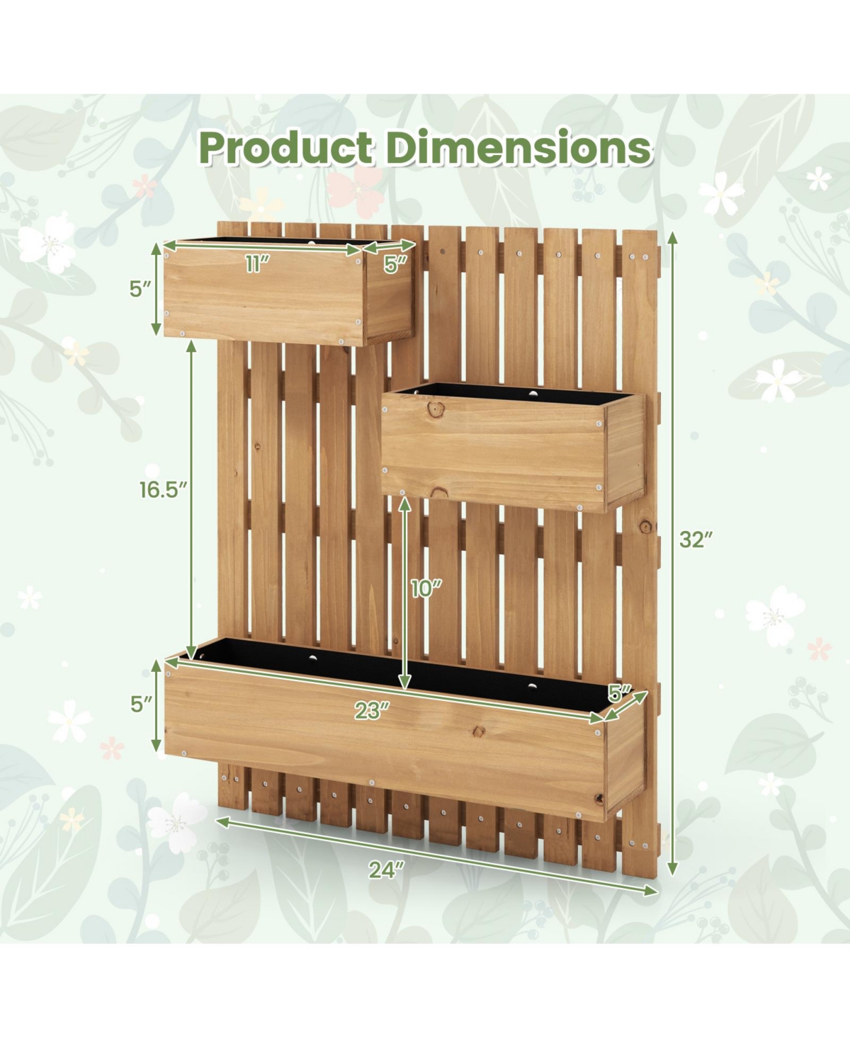 Givimo 3-Box Wooden Raised Garden Bed with Trellises and Fabric Liners- Natural