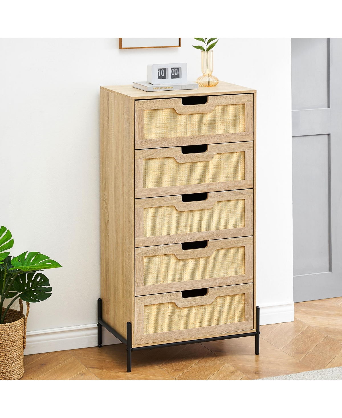 gaomon Modern Rattan 5 Drawers Dresser, Double Dresser for Bedroom, Chest of Drawers Closet Organizers and Storage Clothes for Bedroom Living Room Hal