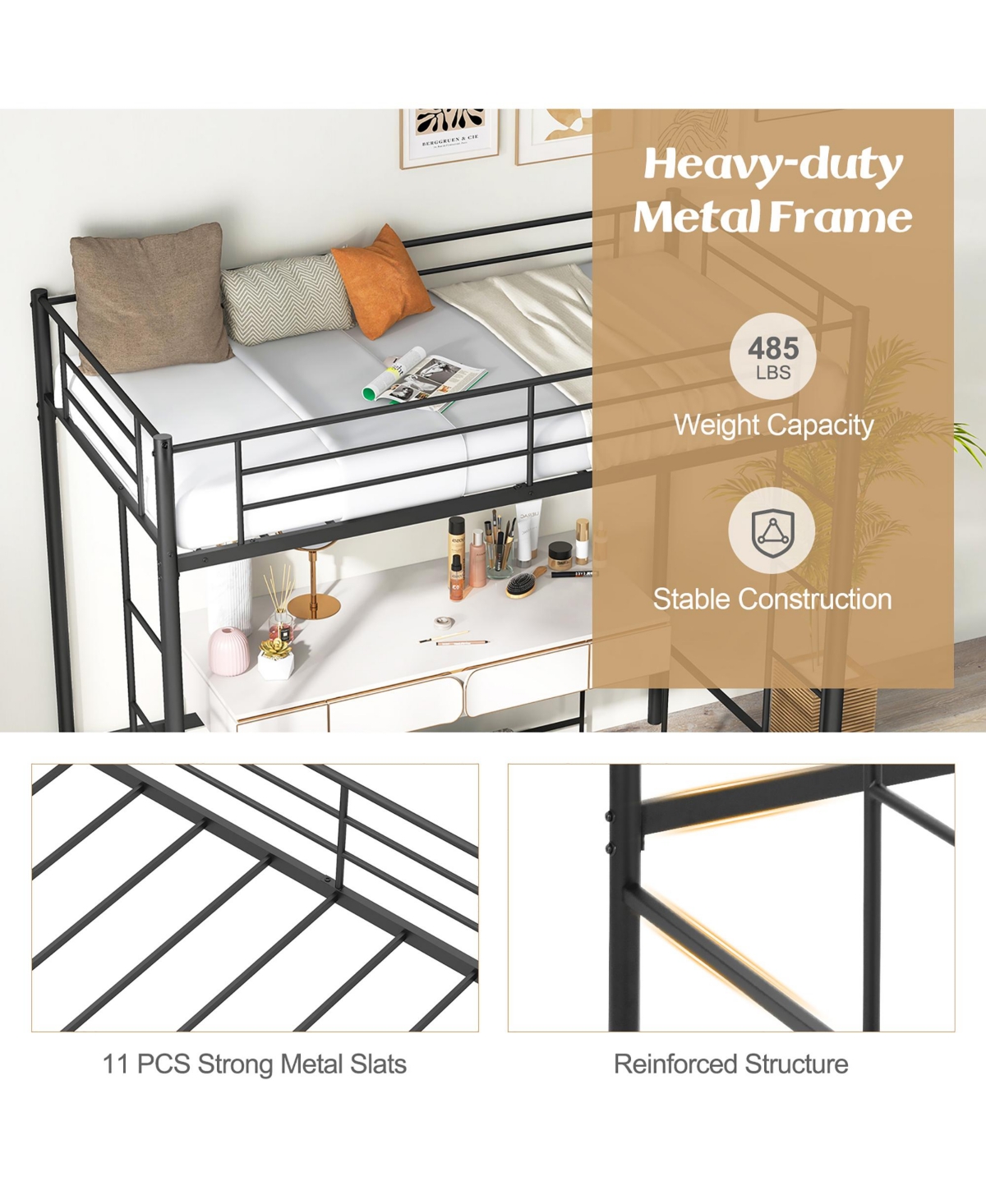 Gymax Metal Twin Loft Bed Space-saving Loft Bed Frame w/ Full-length Safety Guardrail 2 Ladders- Black