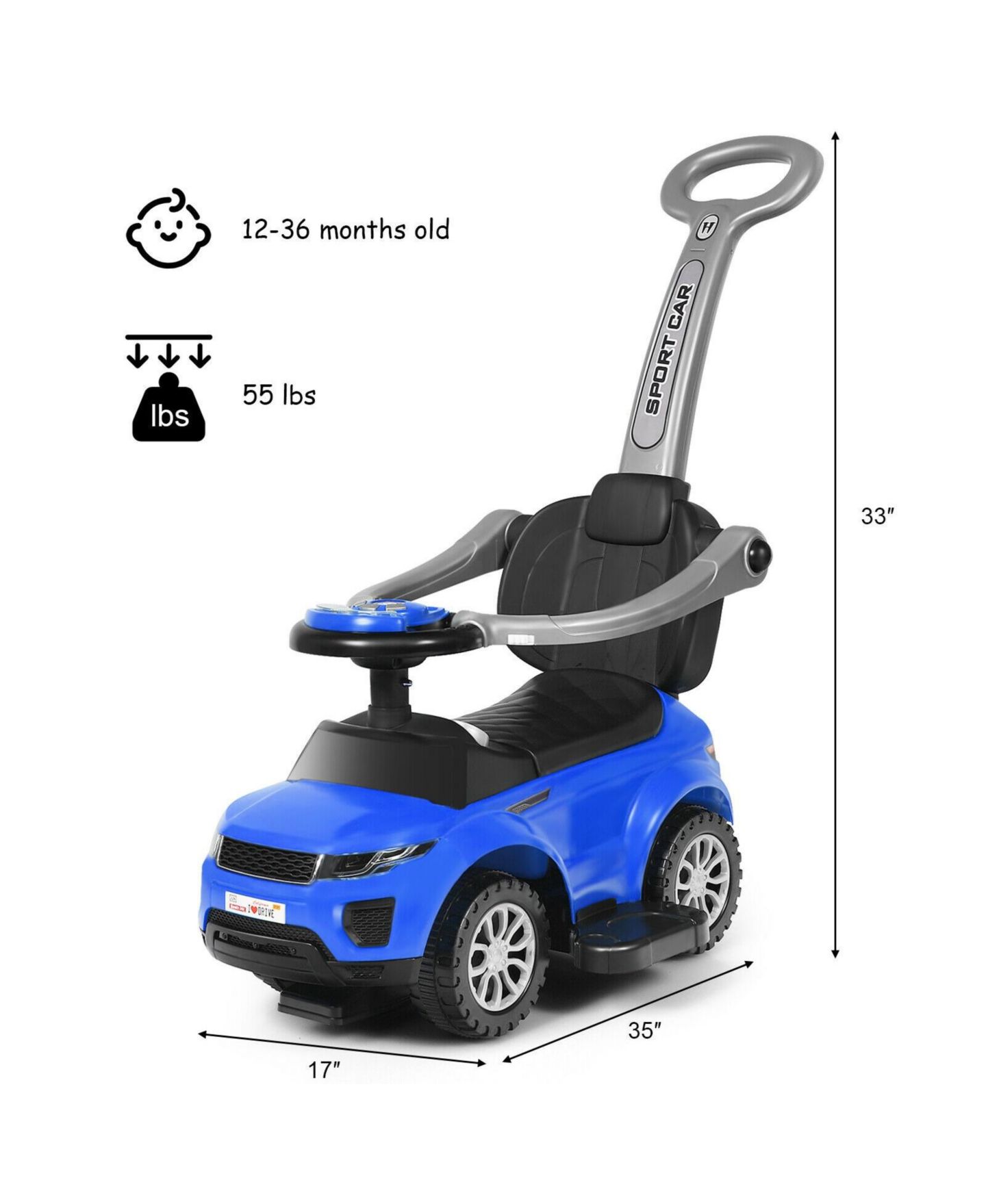 Детская игрушка SUGIFT 3-in-1 Ride-On Push Car with Music, 55 lb. Capacity, Ages 1+, цвет: Тёмно-синий — фото 6