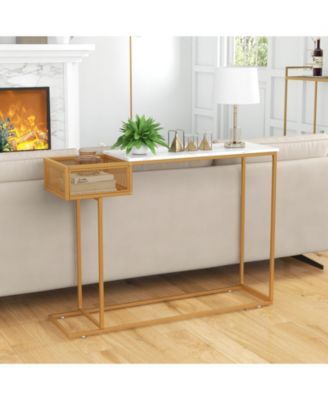 Rectangular White Faux Marble Console Table with Storage-Gold