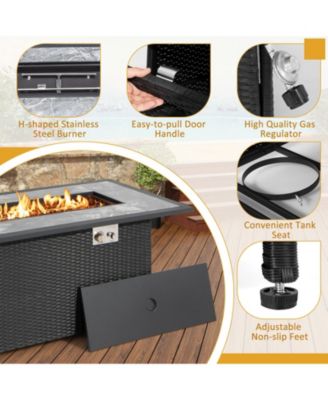 52 Inch Rattan Wicker Propane Fire Pit Table with Rain Cover and Lava Rock-Black