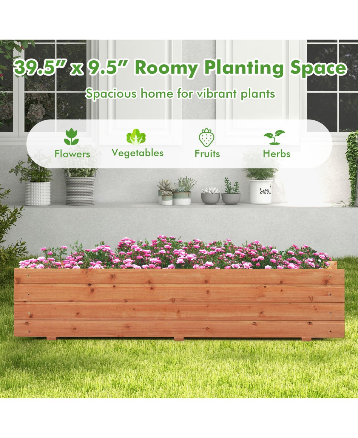 Sugift Fir Wood Planter Box with 2 Drainage Holes and 3 Added Bottom Crossbars-Orange