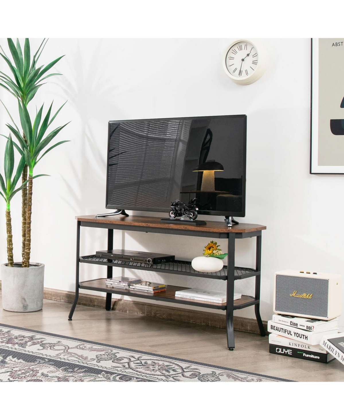 Sugift 3-tier Console Table Tv Stand with Mesh Storage Shelf-Rustic- Brown