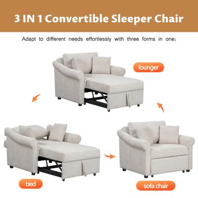 Chenille Convertible Sleep Chair, 3-in-1 Lounger to Bed