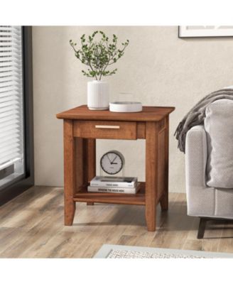 Rattan Nightstand End Table with Drawer and Storage Shelf-Walnut
