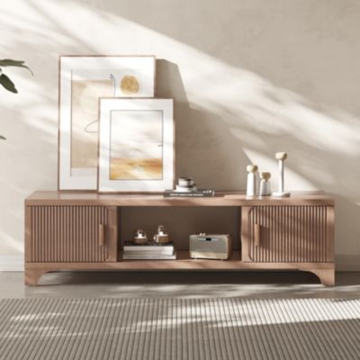 58" Mid Century Modern Fluted TV Stand for 55-65 Inch Television, Media Console with Soft-Close Doors and Storage Shelves