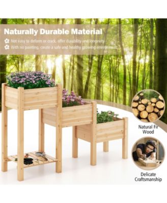 3-Tier Wooden Raised Garden Bed with Open Storage Shelf-Natural