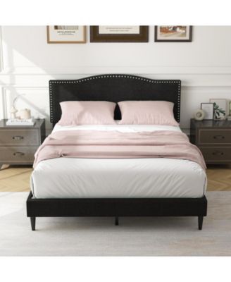 Queen Size Upholstered Bed Frame with Nailhead Trim Headboard-Queen Size