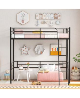 Twin Metal Loft Bed Frame with Ladder and Metal Slats Support-Black