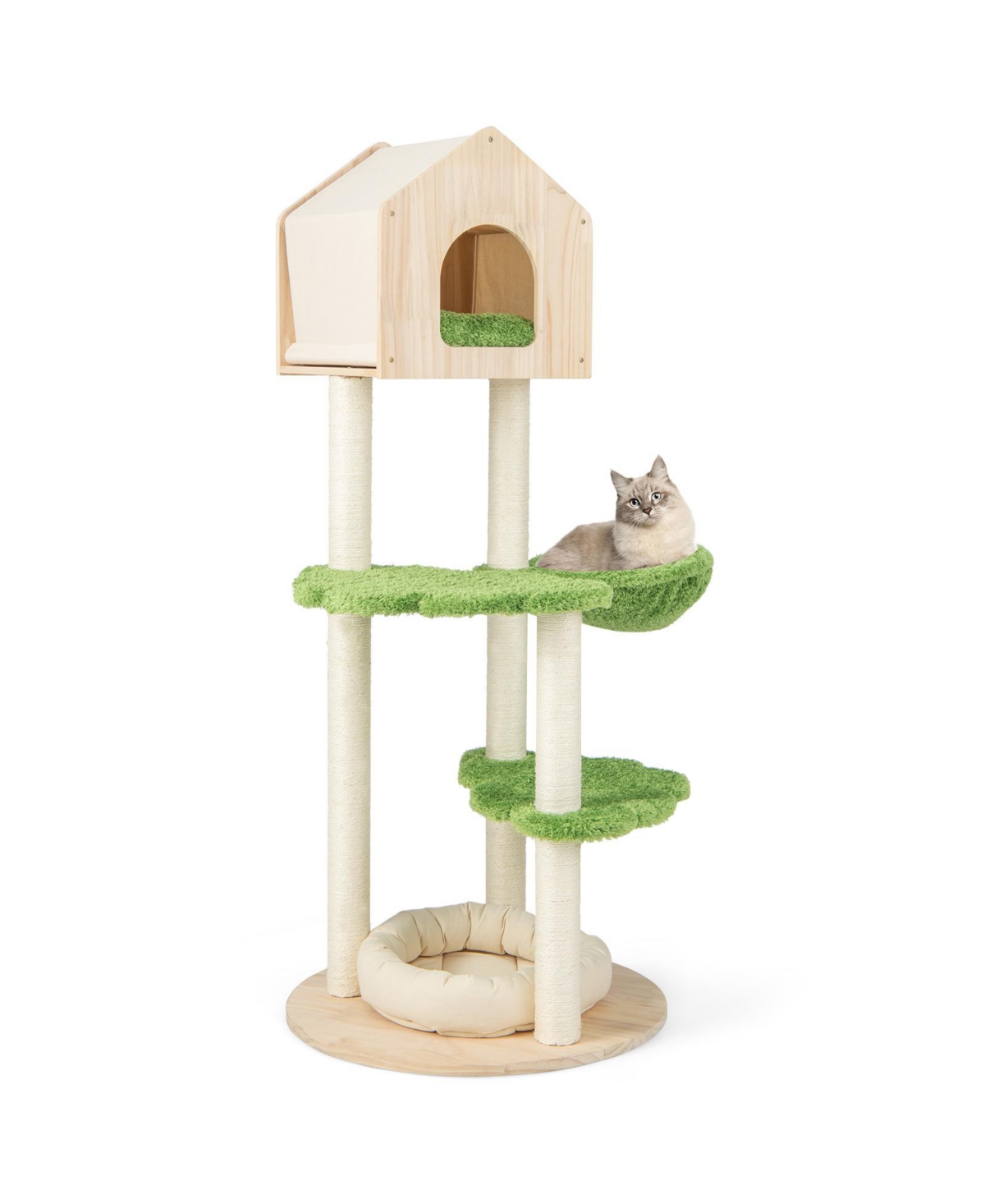Skonyon Tall Cat Climbing Stand with Sisal Scratching Posts and Soft Cat Bed for Indoor Kittens- Green