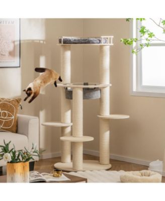 5-level Wooden Cat Tree with Padded Perch Non-woven Hammock-Gray