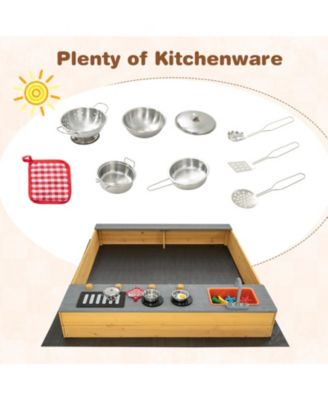 Wooden Sandbox Kids Sand Pit with Kitchen Playset Accessories for 3-8 Years Old